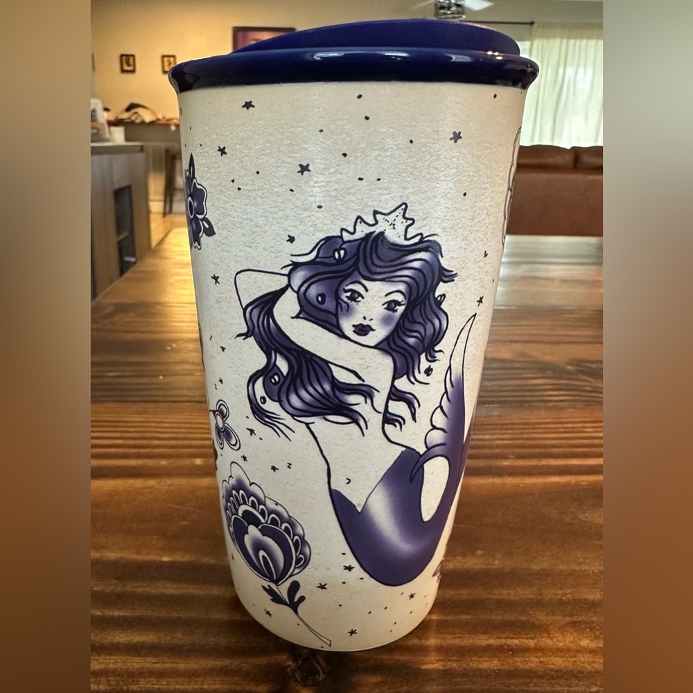 Starbucks Blue Purple Siren Sailor Mermaid Tattoo Ceramic Travel Mug w/ lid 2016